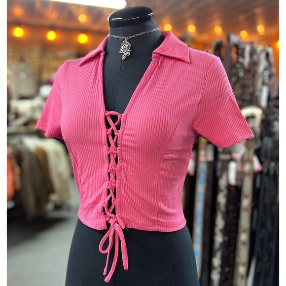 NEW Pink Ribbed Lace Up Cropped Top - Picture 1 of 2